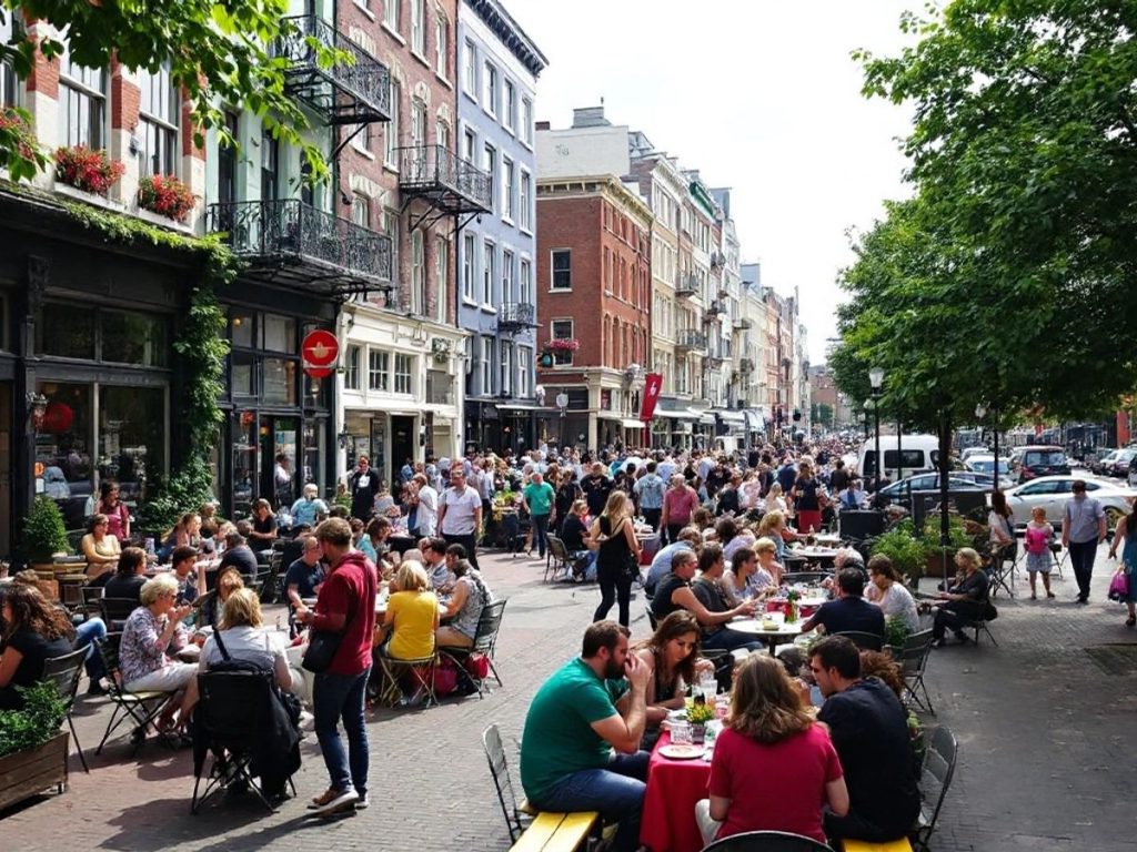 Oameni bucurându-se de viața urbană în weekend.