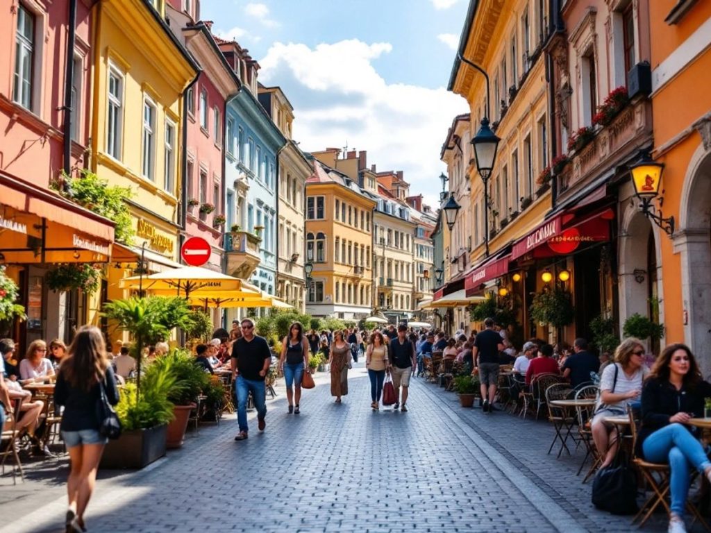 Oameni pe străzile din România, clădiri colorate.