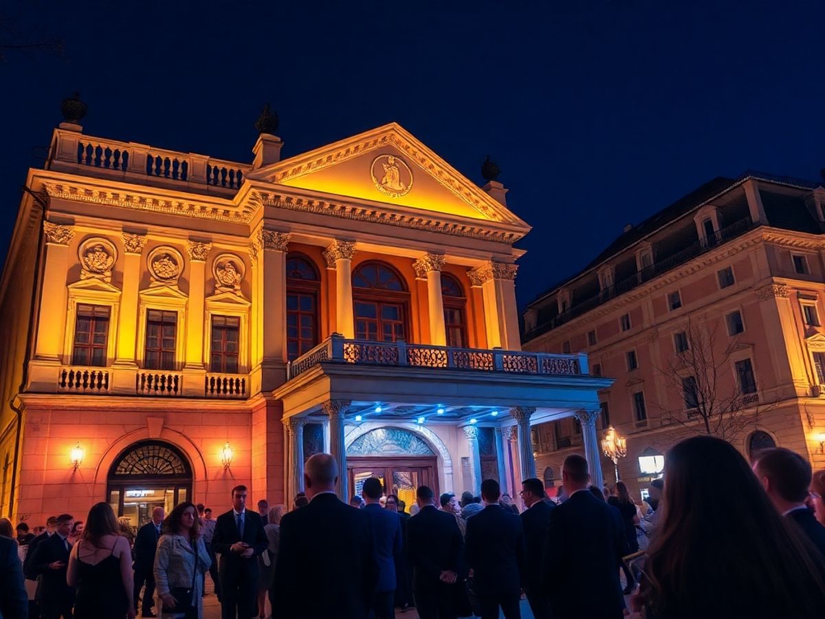 O seară de teatru în București, clădire iluminată.