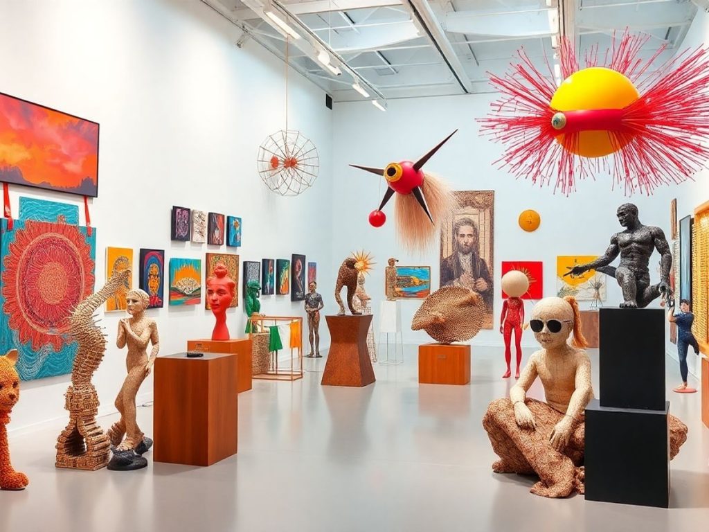 Expoziție de artă contemporană cu sculpturi și instalații vibrante.