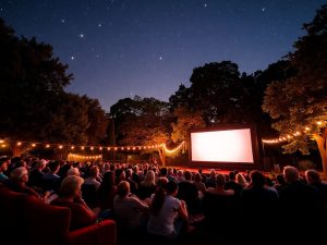 Proiecție de film în aer liber sub cerul înstelat.