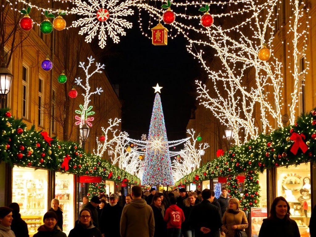 Stradă iluminată plină de oameni în sărbători