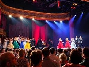 Spectacol de operă în România, costume colorate și actori.