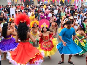 Festival de dans cu costume colorate și dansatori energici.