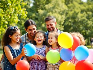 Familie zâmbitoare, copii jucându-se, soare, parc