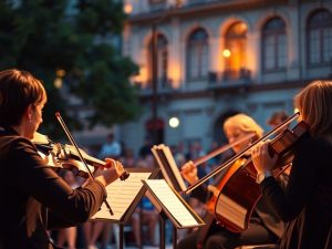 StradaNews 31 Muzicieni cântând la un festival de muzică clasică în aer liber.