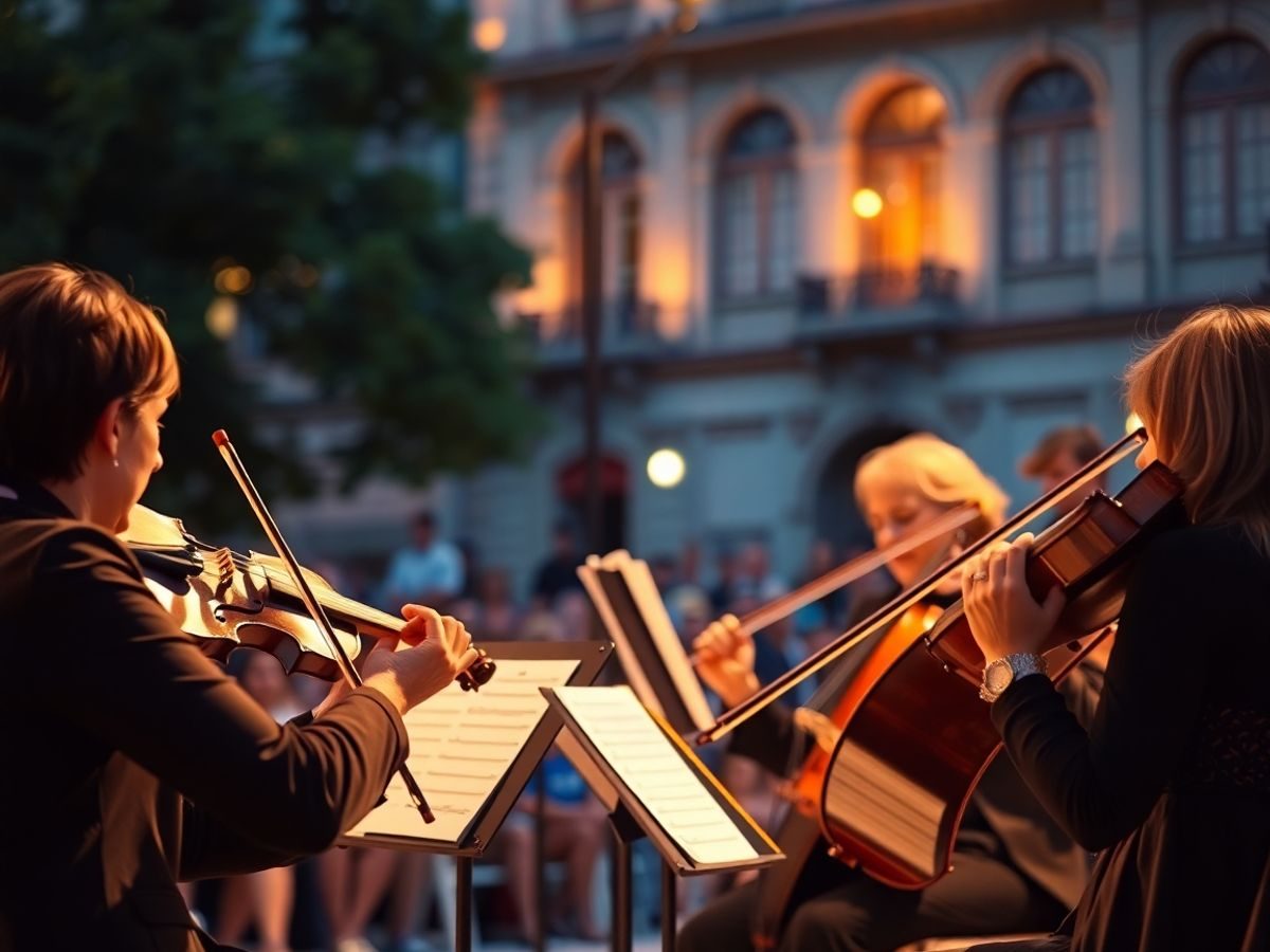 Muzicieni cântând la un festival de muzică clasică în aer liber.