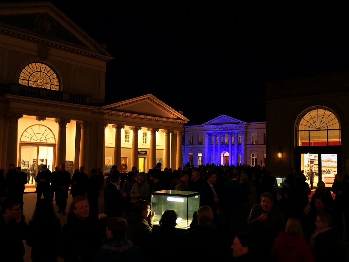 Muzee iluminate noaptea cu mulțimi de vizitatori.