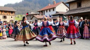 Dansatori în costume tradiționale românești la un festival.