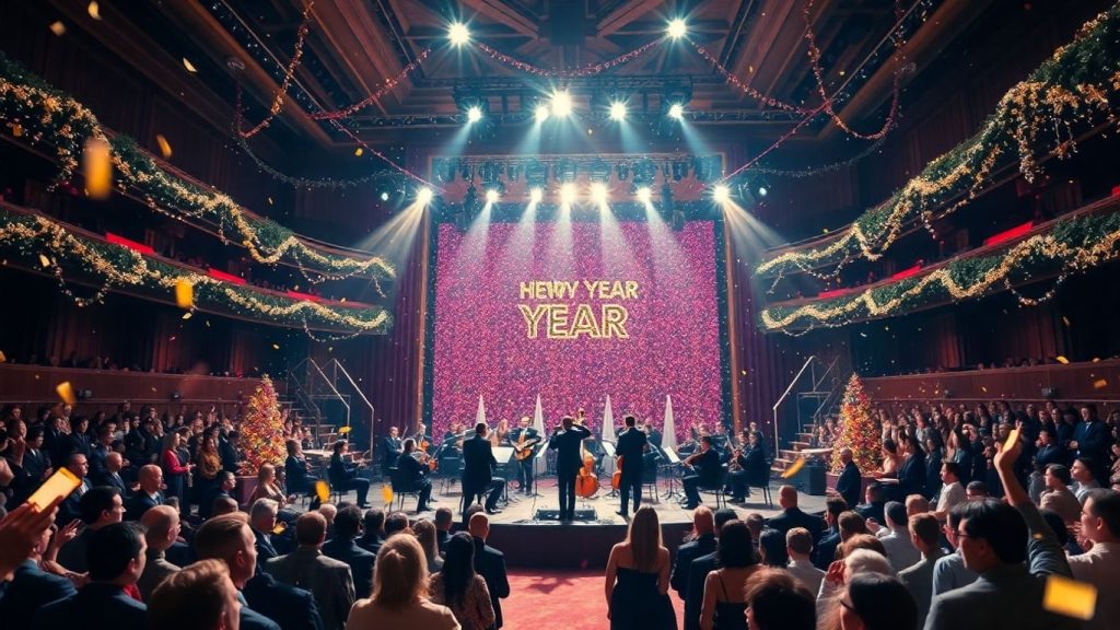 Concert de Anul Nou cu artificii și muzicieni pe scenă.