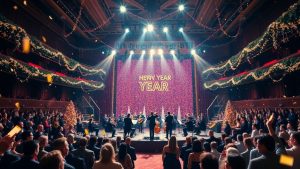 Concert de Anul Nou cu artificii și muzicieni pe scenă.