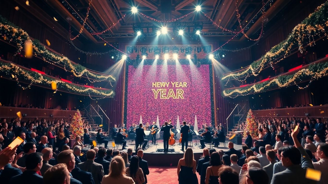 Concert de Anul Nou cu artificii și muzicieni pe scenă.
