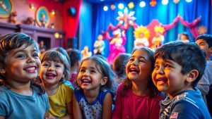 Copii fericiți la un spectacol viu colorat pentru copii.