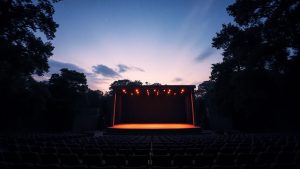 Scenă de teatru în aer liber sub cerul nopții.