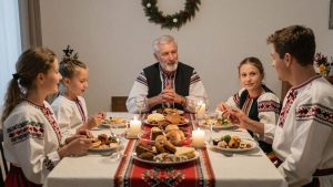 Familie românească la masă în perioada sărbătorilor.